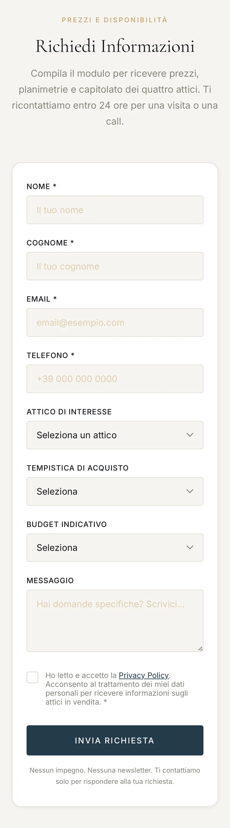 Esempio di modulo di contatto: la richiesta di informazioni sul sito di Gemito 3, attici in vendita a Milano